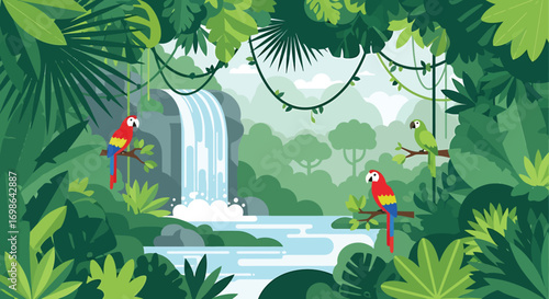 Tropical rainforest landscape with parrots and waterfall. Vector illustration