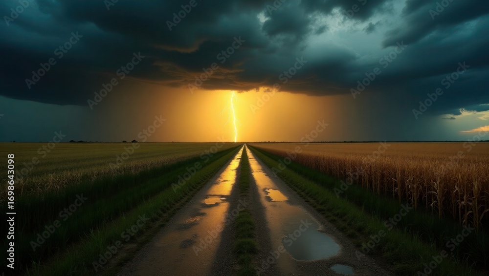 Naklejka premium Dramatic Lightning Strike Over Country Road – Desktop Storm Wallpaper