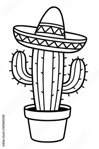 Adorable Cartoon Cactus with Sombrero Hat in a Pot, Detailed Line Art Illustration, Perfect for Kids' Coloring Pages, Printable Black and White Succulent Outline Drawing, Southwestern Desert Theme, Me