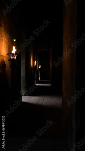 Dark ancient stone corridor with torches casting flickering light and shadows