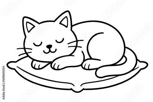Cute cartoon cat peacefully sleeping on a soft pillow, black outline drawing perfect for children's coloring books, adorable kitten napping illustration, simple line art pet design for relaxation and 