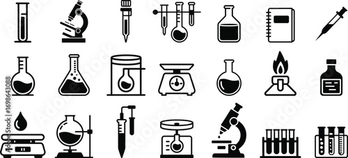 Science laboratory equipment icons in black and white