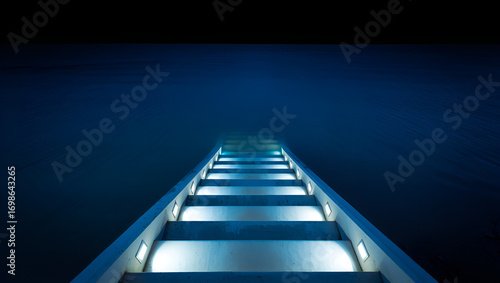Illuminated stairs leading into darkness, symbolizing a journey or unknown future