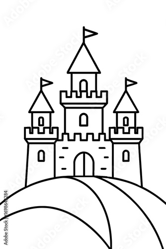 Detailed Line Art Castle on a Hill Coloring Page for Kids: Whimsical Medieval Fortress Outline with Multiple Towers, Flying Flags, and a Grand Arched Gate, Perfect for Creative Coloring, Printable Act
