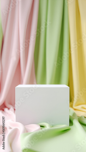 Soft pastel fabric draped behind a white cube, creating a minimalist and elegant display