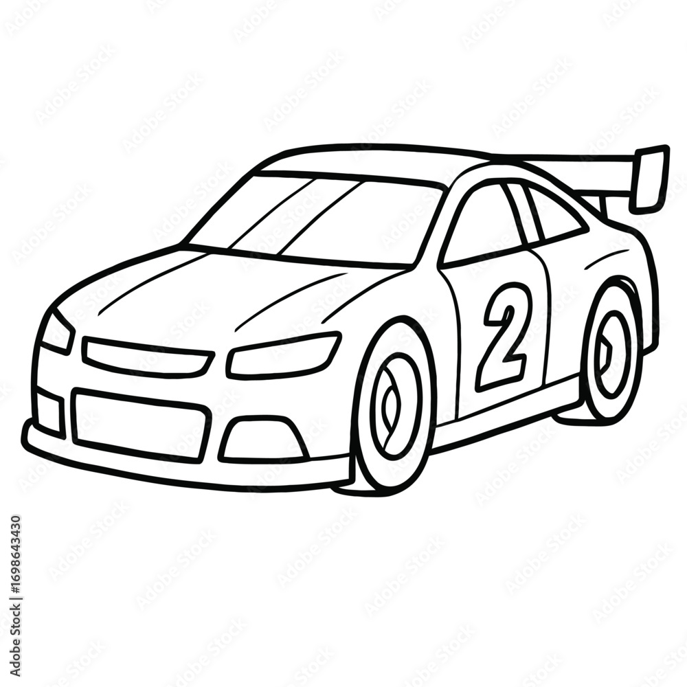 Fototapeta premium Dynamic Black and White Line Art Drawing of a Sleek Race Car with a Prominent Spoiler and Number Two, Ideal for Kids' Coloring Pages, Automotive Enthusiasts, and Creative Projects Needing a High-Speed