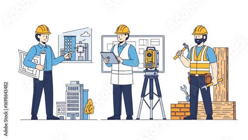 Architect Engineer and Construction Worker Vector Set | Editable Outline Illustrations
