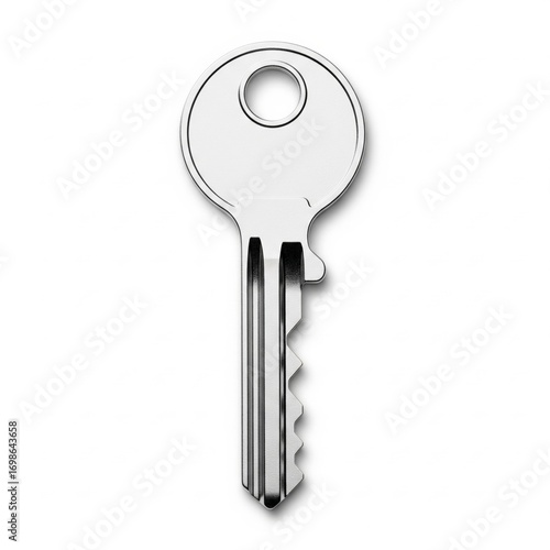 A shiny silver metal key with a circular head and jagged edge is isolated against a white background, suggesting security, access, and unlocking opportunities.