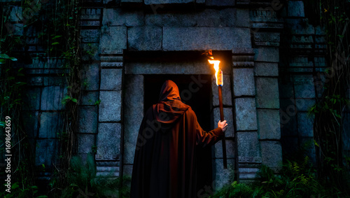 Cloaked figure holding a torch entering ancient stone ruins overgrown with vines