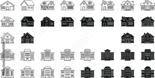 Collection of various house and building vector icons in outline and silhouette styles, featuring diverse architectural designs for real estate projects