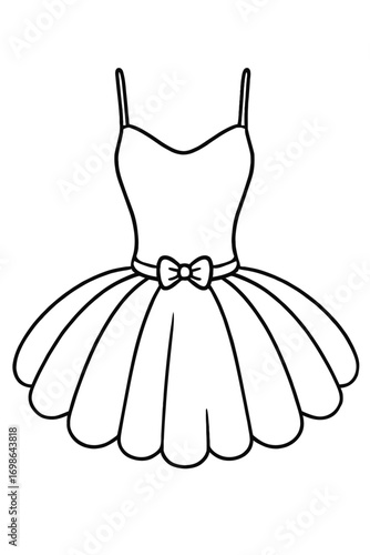 Elegant outline drawing of a classic ballet tutu dress for coloring, featuring delicate spaghetti straps, a gracefully fitted bodice, a charming bow detail at the cinched waist, and a full, layered sk