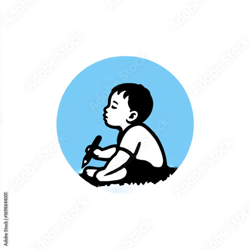 Focused baby drawing, expressing creativity and learning, in a light blue circle.