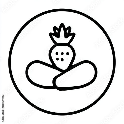 Strawberry and Leaves Icon, Minimalist Line Art, Black and White, Representing Organic Produce and Natural Food with copy space.