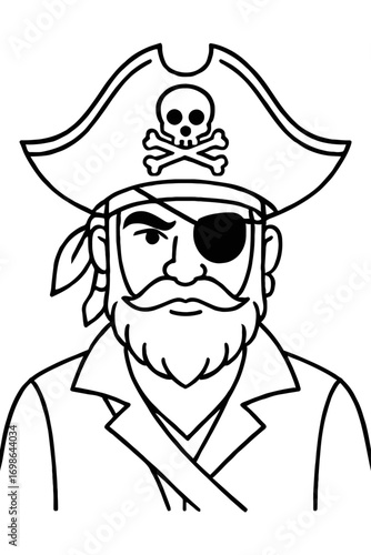 Detailed line art of a pirate captain with a tricorn hat, skull and crossbones emblem, eye patch, and a full beard, perfect for coloring pages and educational crafts, evoking adventure and maritime fu