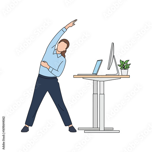 Vector art of woman stretching side body while working at a standing desk