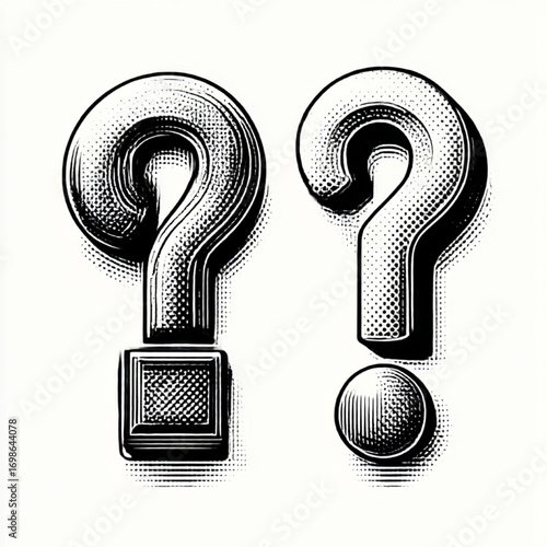 Two Question Marks, Engraving Style, Black and White, Representing Query and Uncertainty with copy space.