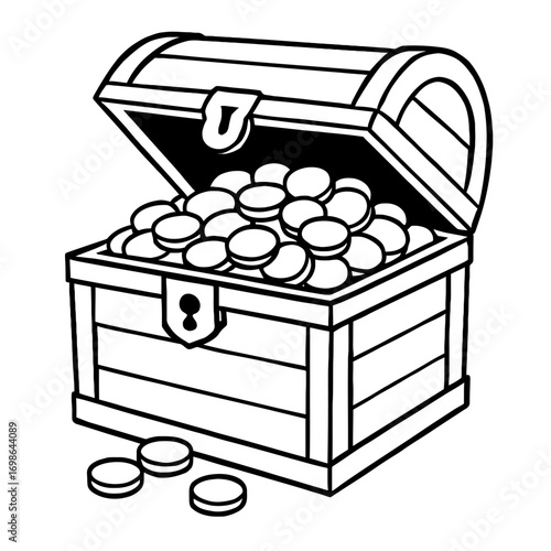 Black and white line art illustration of an open old wooden pirate treasure chest overflowing with shiny gold coins, an iconic symbol of wealth, riches, discovery, adventure, fortune, and hidden valua