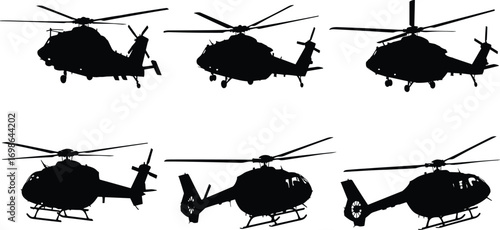 Set of six helicopter silhouettes in various designs, military and civilian rotorcraft vector illustration for aviation, aerospace, transport, and defense concepts
