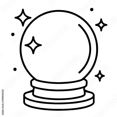 Outline icon of a mystical crystal ball, sparkling. Represents fortune-telling, prophecy, magic, future insights. Ideal for spiritual, fantasy, web, app, print designs. Perfect for cosmic wisdom, mode