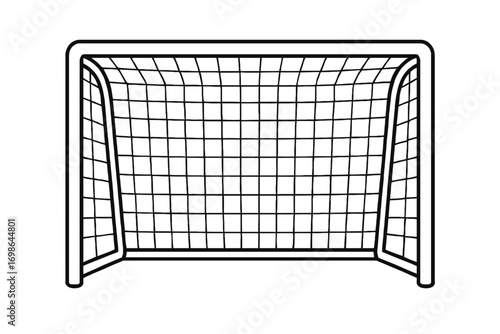 Minimalist black and white line art vector illustration of a soccer football goal with net, perfect for sports equipment graphics, game icons, athletic training, and championship event branding.