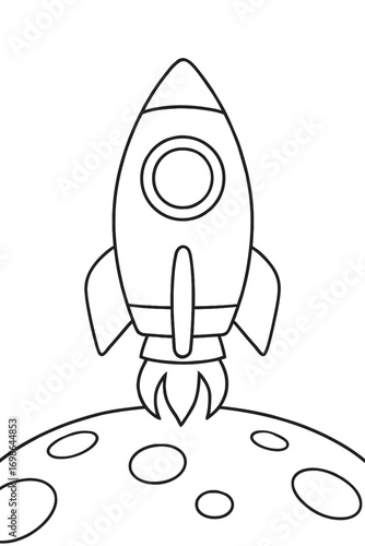 Exciting Rocket Launch Coloring Page: Detailed Outline of a Spaceship Blasting Off from the Moon's Cratered Surface, Perfect for Kids and Space Enthusiasts to Color and Enjoy. A Fun Educational Activi