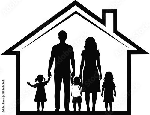 Silhouette family inside house outline symbolizing home, love, unity, protection, parents with children, safe shelter, and strong domestic bonds at sunset
