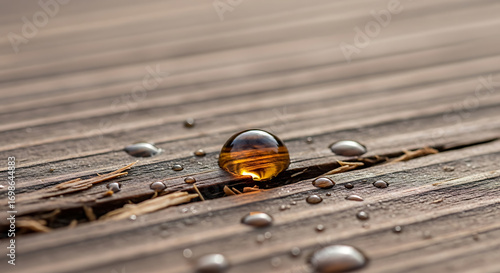 Wallpaper Mural A single large droplet of amber liquid sits nestled in a crack on a weathered wooden deck, surrounded by smaller water droplets. Torontodigital.ca
