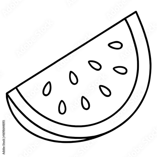 Black and white outline drawing of a refreshing watermelon slice with seeds. Minimalist line art. Perfect for coloring pages, educational resources, graphic designs. Showcases sweet, juicy, hydrating 