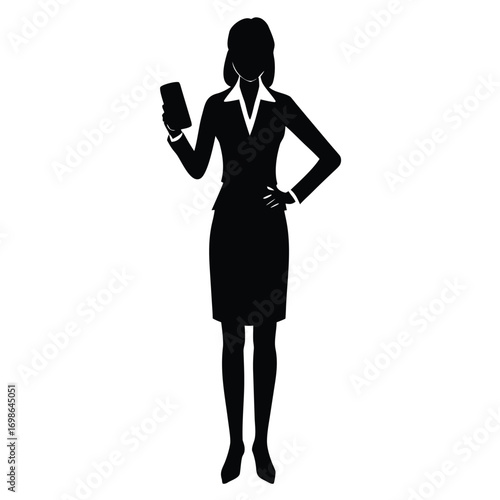 A clean black silhouette illustration of Businesswoman standing with phone