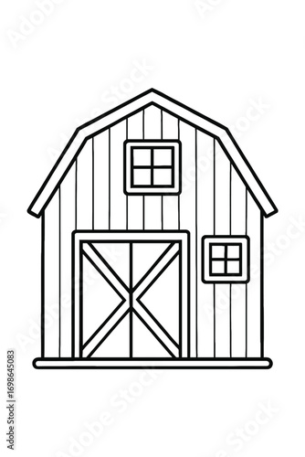 Gambrel Roof Barn Line Art Coloring Page for Kids: Simple Bold Outline Drawing of a Traditional Farm Building with X-Brace Doors and Windows, perfect for rustic country scene illustrations and engagin