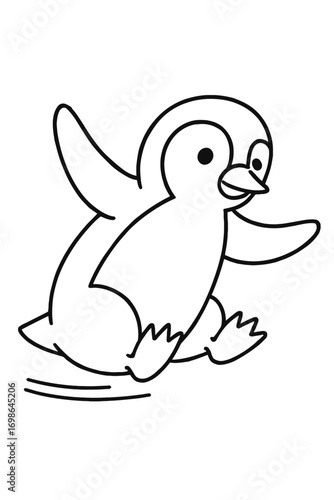 Sweet black and white line drawing of a happy cartoon baby penguin joyfully sliding on its stomach, flippers out, ideal for children's coloring books, early education, and cute animal crafts, showcasi