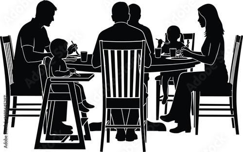 Silhouette illustration of family dining together at table, depicting parents and children sharing meal, symbolizing togetherness, home life, and relationships