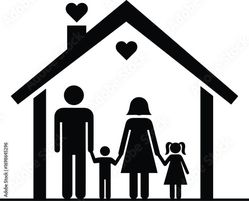 Silhouette illustration of family under house roof with heart symbols, representing love, protection, unity, home, care, and togetherness conceptSilhouette illustration of family under 