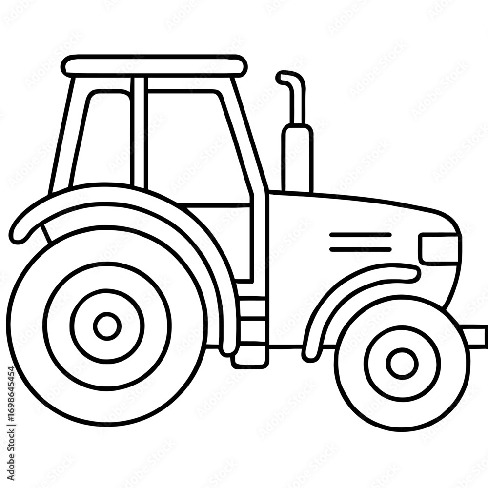 Obraz premium Detailed Black and White Line Art Tractor Illustration for Farm and Agricultural Themes, Perfect for Kids' Coloring Pages, Educational Materials, or as a Simple Icon Representing Heavy Farming Machine