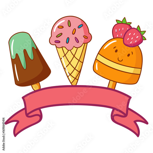 Cute Ice Cream and Popsicles with Ribbon Banner Vector Illustration