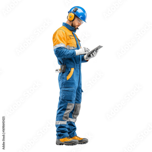 A man in a blue and yellow jumpsuit is wearing a hard hat and holding a tablet