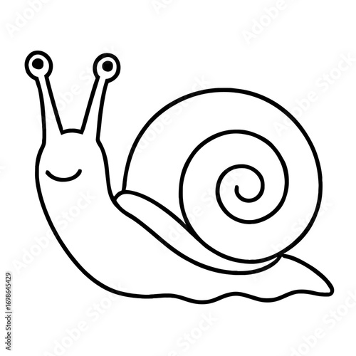 Cute happy snail line art illustration. Black and white outline drawing of a cartoon snail with a spiral shell and smiling face. Perfect for coloring pages, animal designs, education, vector art, and 