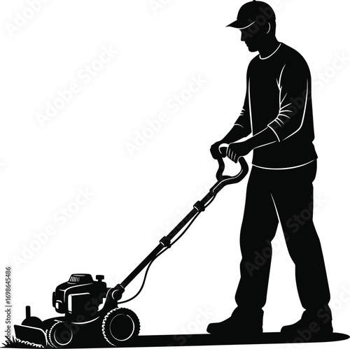 Silhouette of man mowing lawn with push mower, outdoor yard work, gardening, landscaping, grass cutting, maintenance, high‑contrast black and white vector illustration