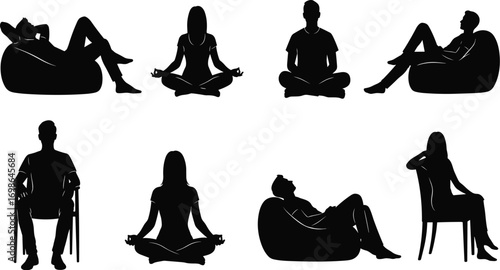 Silhouette illustration of people in various seated and meditative poses, including bean bag relaxation and chair sitting for mindfulness concepts