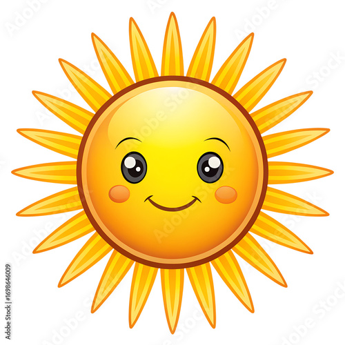 Cartoon style happy smiling sun with rays, bold lines, transparent PNG.