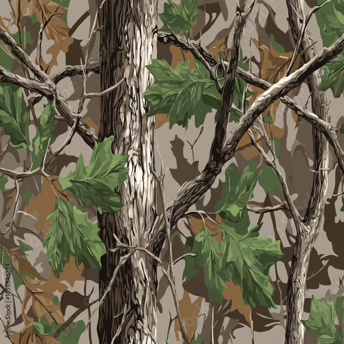 Realistic seamless camouflage with branches, trunks, and foliage in green, brown, and gray tones for hunting and outdoor gear.