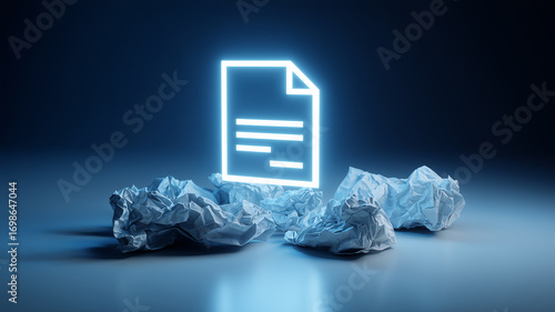 A glowing document icon surrounded by discarded drafts, representing final approval quality assurance and success after review editing and persistent improvement.

