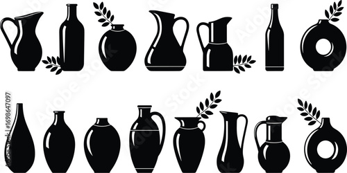Silhouettes of decorative vases, pitchers, and bottles with leafy branches, ceramic or glass vessels, home decor, black and white vector illustration set