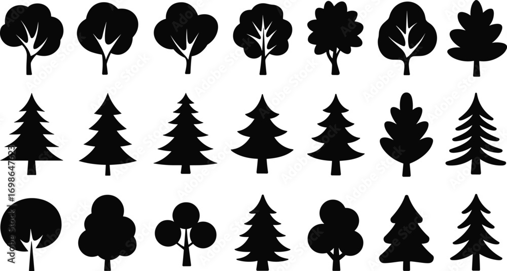 Collection of various black tree silhouette icons in different shapes and styles for nature, forest, and environmental vector design usage