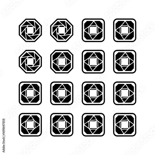 "Camera Aperture Icon Set – Square Shutter Symbols and Photography Lens Vector"