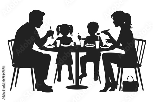Family Dinner Silhouette with Parents and Two Kids. Heartwarming Vector Illustration of Togetherness, Love, and Home Life. Perfect for Parenting, Family, and Holiday Design Projects
