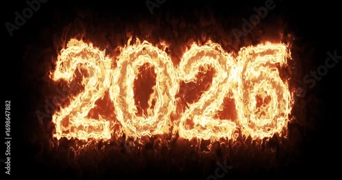 Fiery 2026 numbers glowing with intense heat and light on black background fire flame