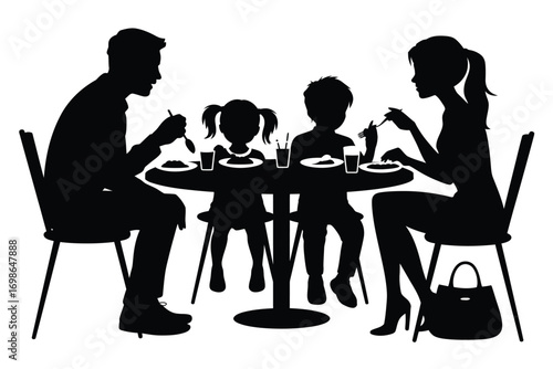 Family Dinner Silhouette with Parents and Two Kids. Heartwarming Vector Illustration of Togetherness, Love, and Home Life. Perfect for Parenting, Family, and Holiday Design Projects