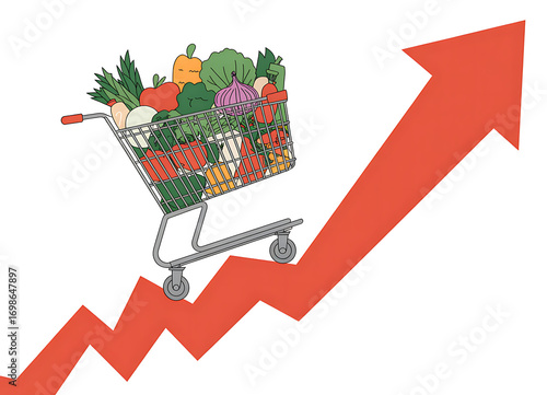 Grocery cart full of fresh produce on a rising red arrow graph