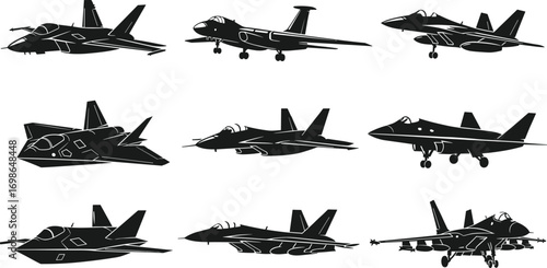Silhouettes of nine different fighter jets in various designs and angles, military aircraft collection, aviation warplane concept, black vector illustration set